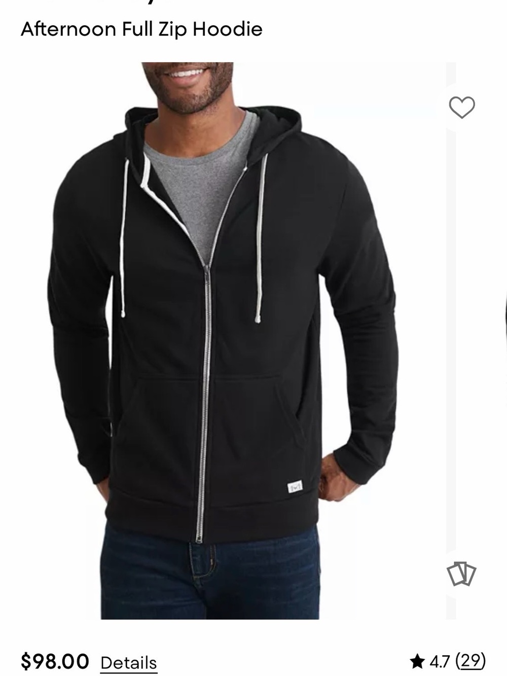 Marine Layer Black Full-Zip Hoodie with White Drawstrings